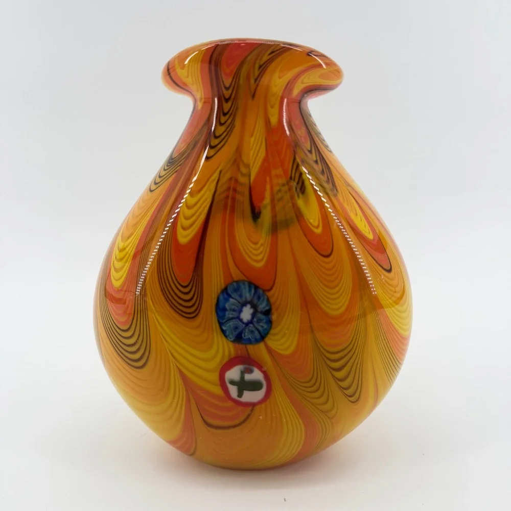 Vintage Murano Toso Style Italian Millefiori Ribbon Swirl Hand Blown Vase